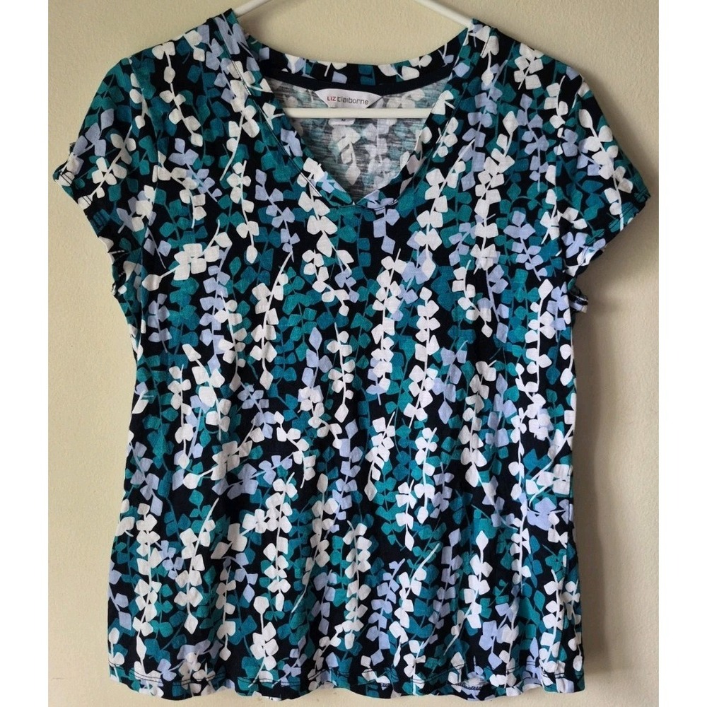 Liz Claiborne Short-Sleeve White/Teal V-Neck Vine Print 100% Cotton Size M